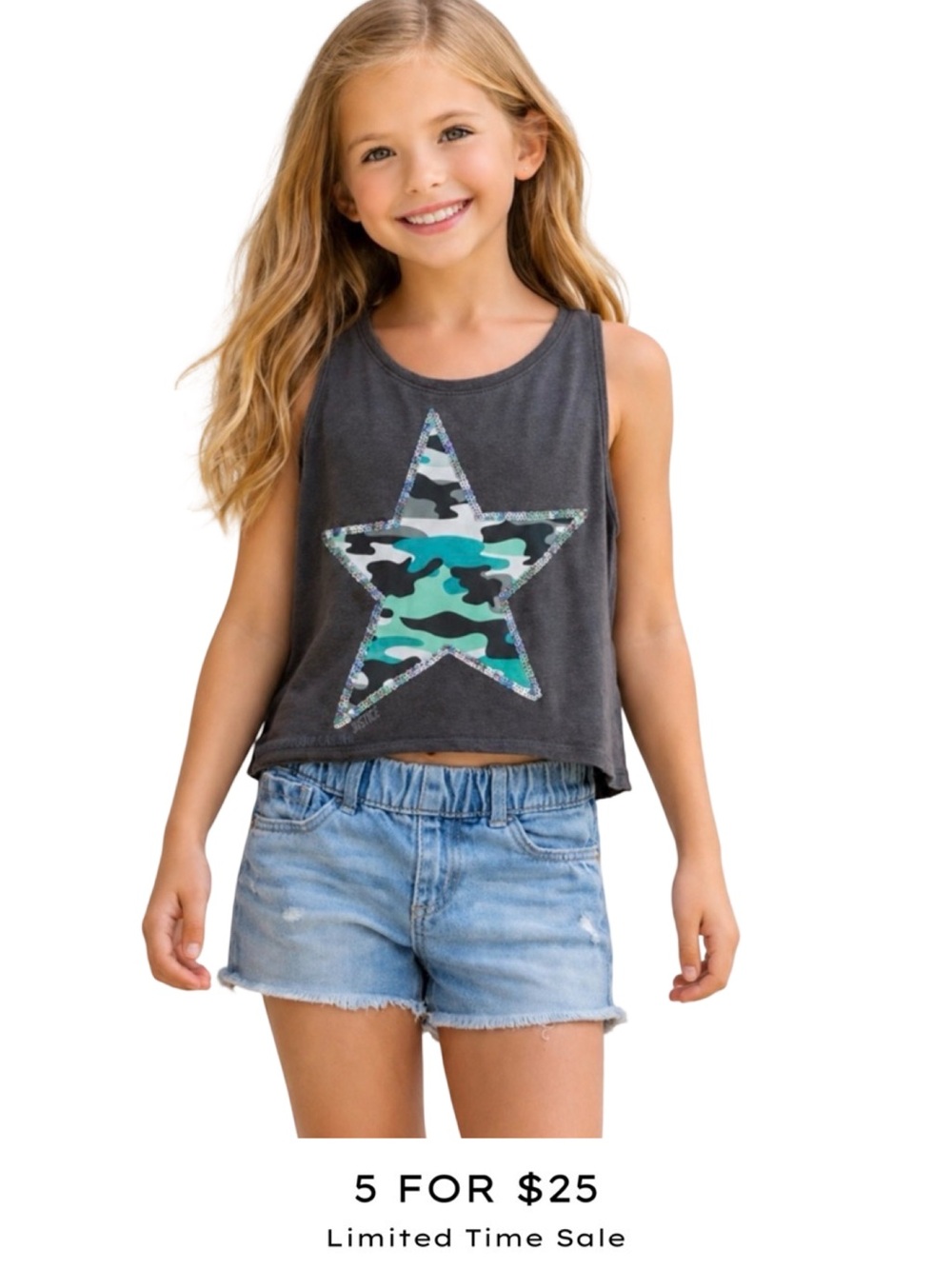 Girls Justice Active Tank Top Size 10 Gray Camo Star Graphic